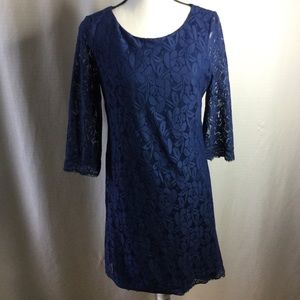 🟣LONDON TIMES Blue Lace Lined Dress Midi 3/4 Sleeve